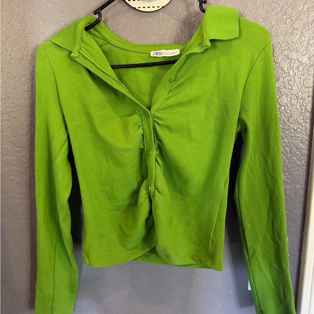 Zara Green Long Sleeve Fitted Polo Shirt